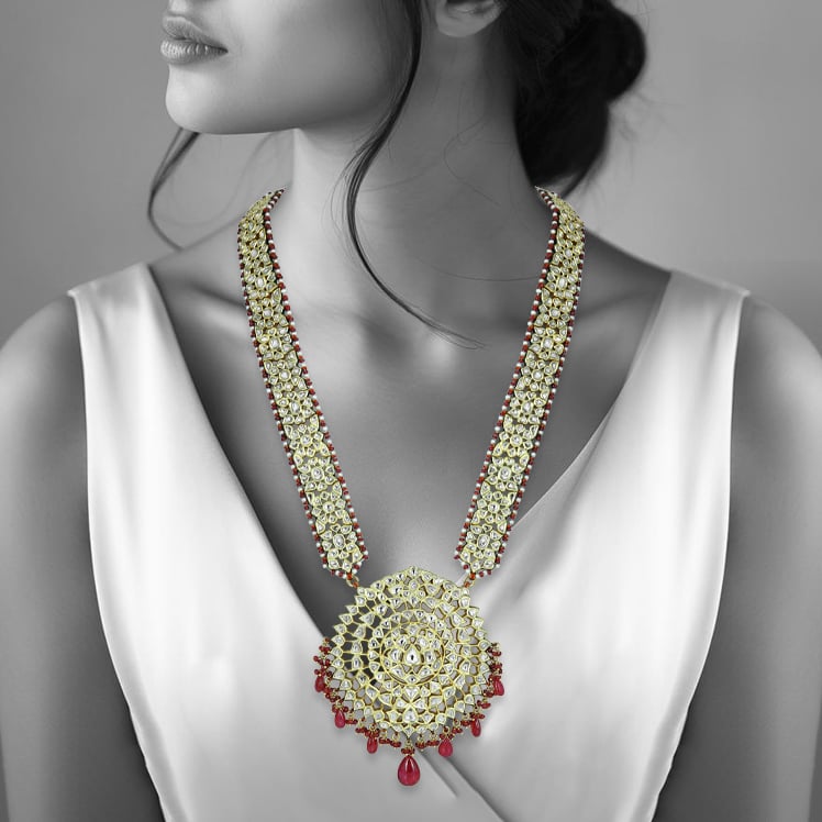 Ruby Beaded Polki Pendant with Intricate Circular Design